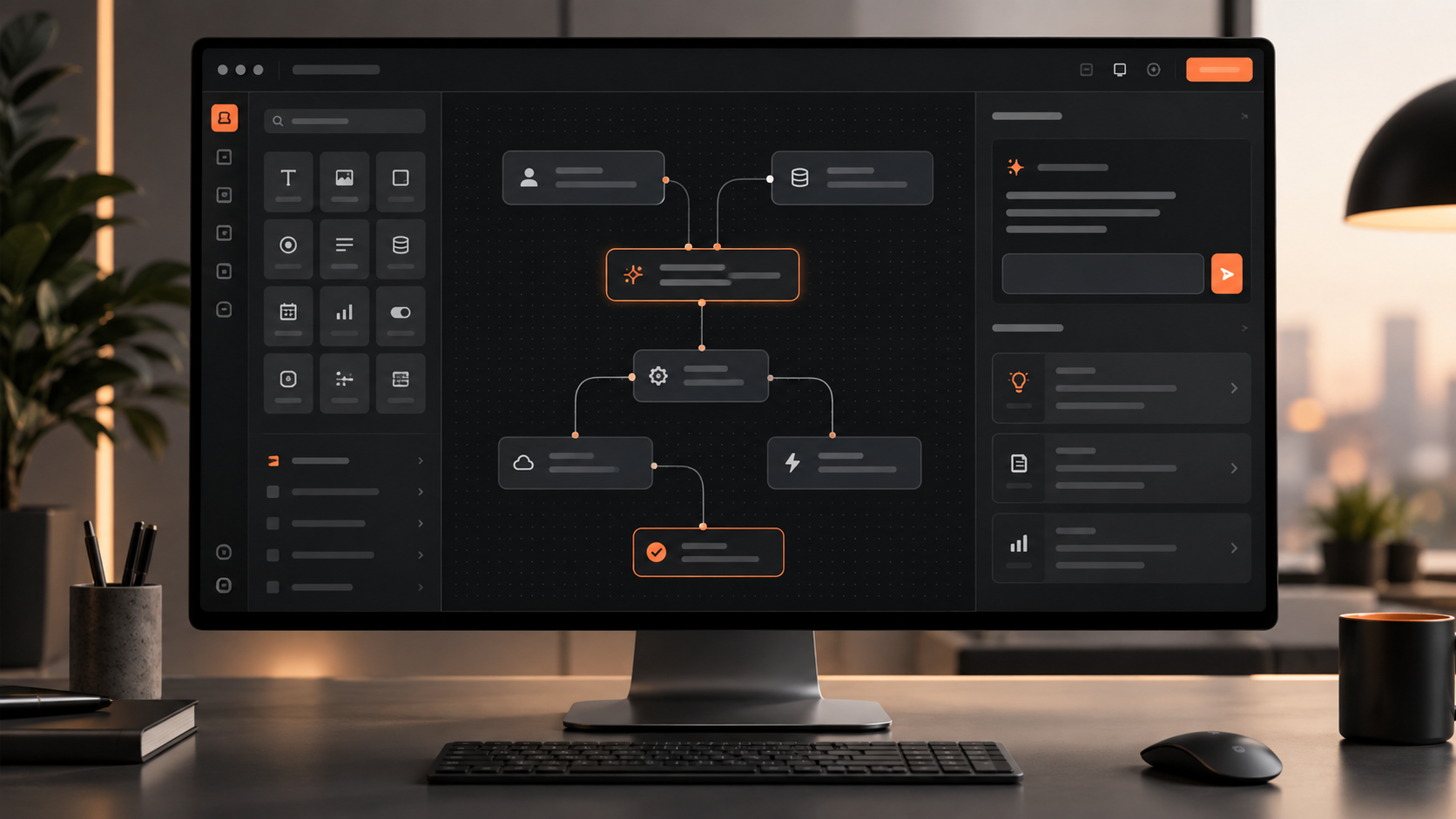 Premium product mockup of an AI low-code workflow builder