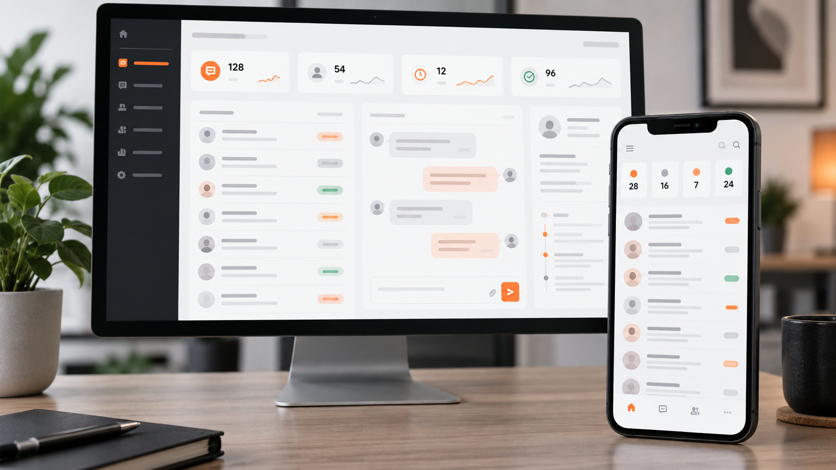 Premium product mockup of a customer service dashboard and mobile app