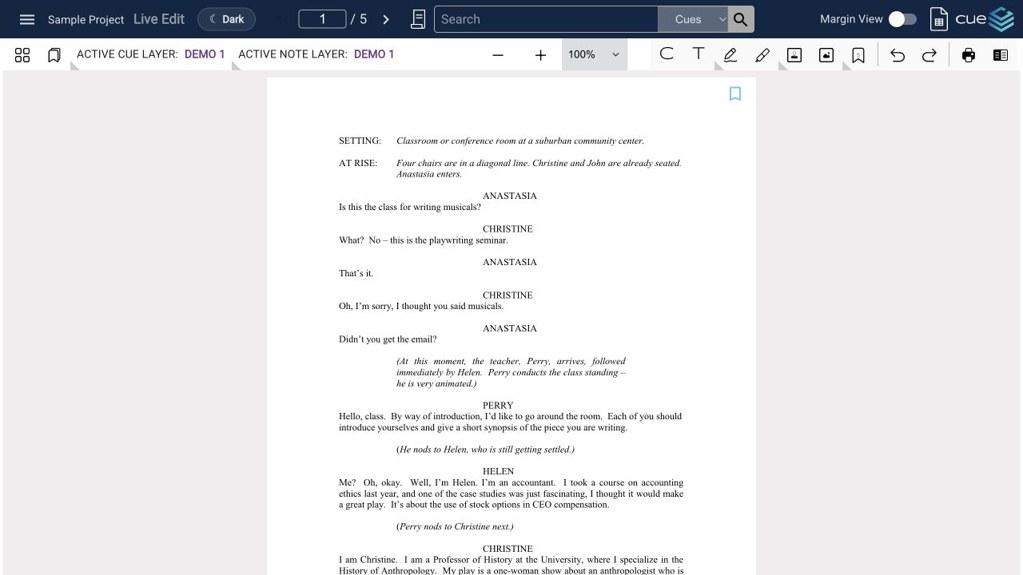 Cuelist script editor with script pages and production cue controls
