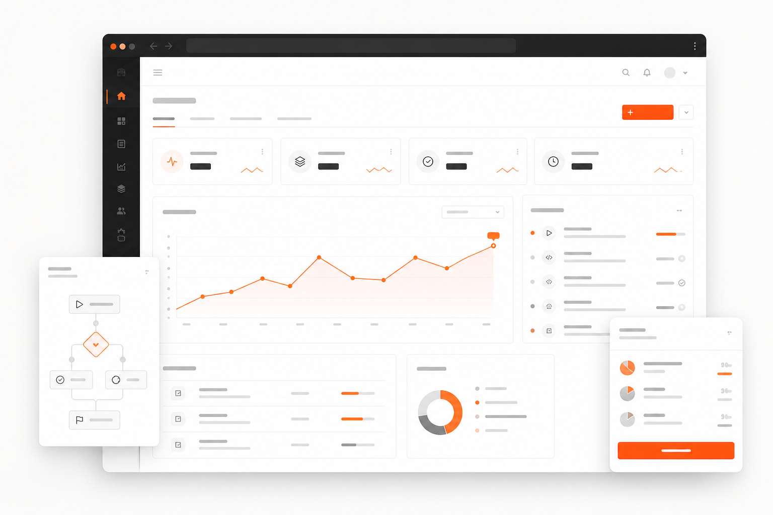 Original illustration of a modern web application with analytics, workflow controls, and responsive interface panels