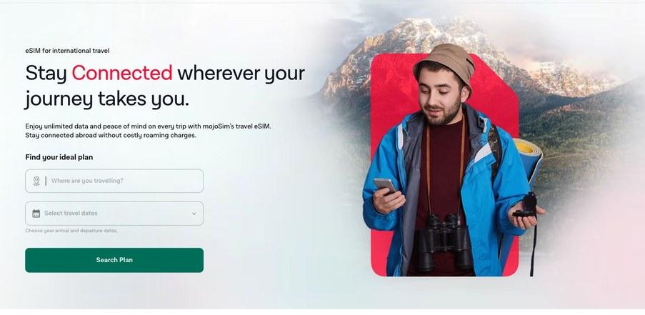 MojoSim travel eSIM storefront with destination search and traveler imagery