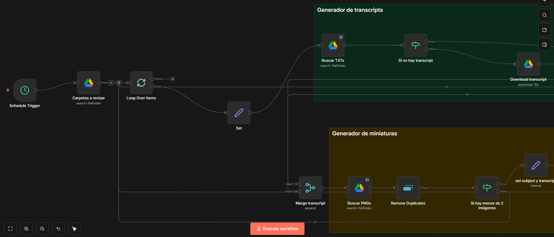 AI Video Manager workflow showing scheduled Google Drive checks, transcript lookup and thumbnail preparation